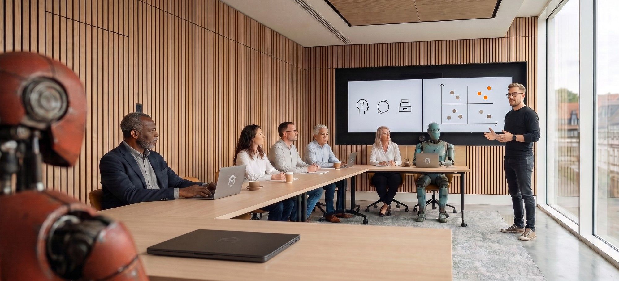 KI-generiert: Konferenzraum-Szene, rechts stehend eine Tobias Pingel nachempfundene Figur, die übrigen Personen und der Roboter sind erzeugt.