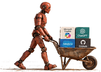 KI-generiert: Roter Roboter schiebt eine Schubkarre mit Copilot, ChatGPT, Salesforce und GitHub.